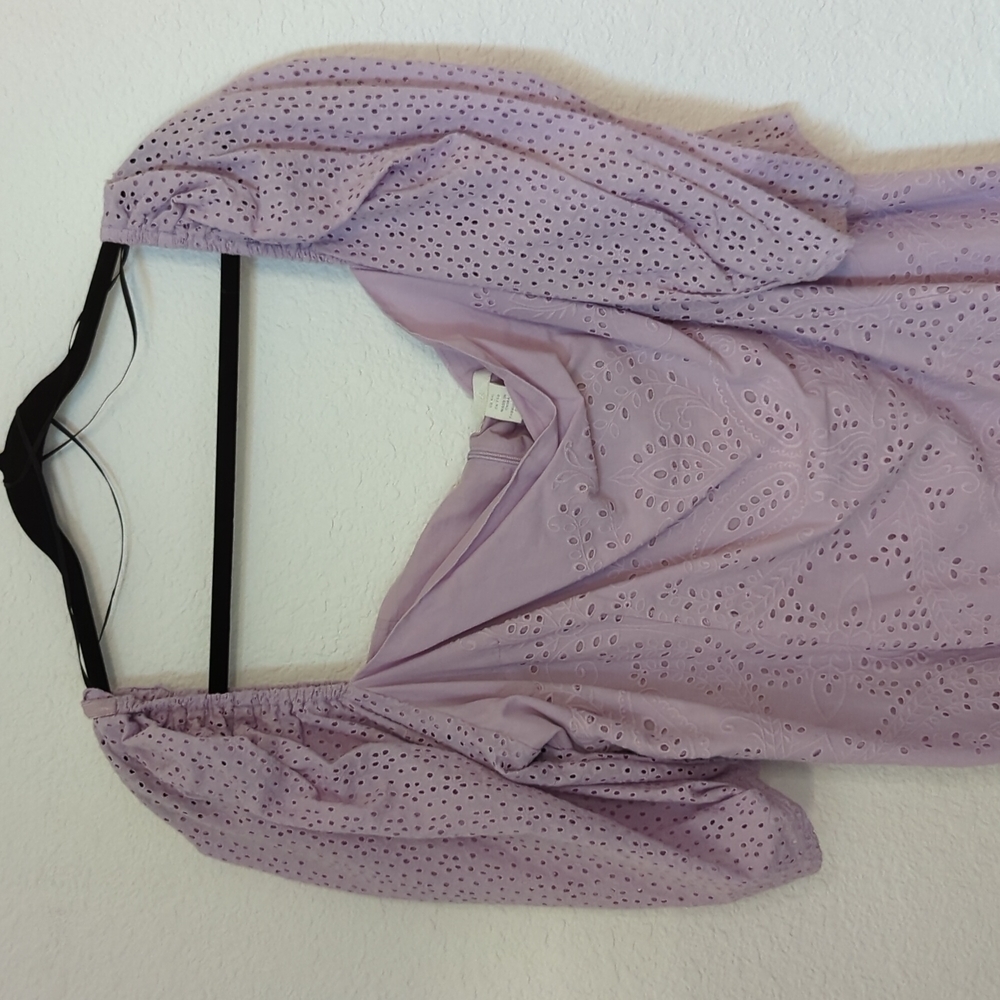H&M Eyelet Puff Sleeve Dress Purple Sz XXL Square Neck Shift Silhouette Zip - Picture 4 of 9